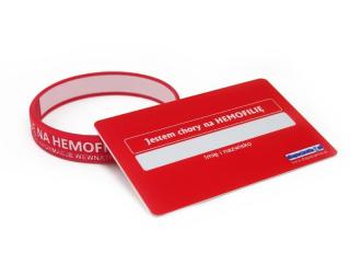 Karta informacyjna Jestem chory na HEMOFILIĘ czerwona z opaską silikonową