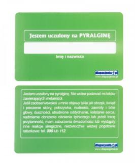 Karta informacyjna Jestem uczulony na PYRALGINĘ zielona