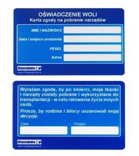 Karta informacyjna Oświadczenie woli - zgoda na pobranie narządów