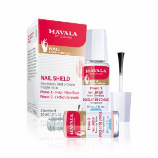 Mavala Nail Shield - Dwufazowa kuracja wzmacniająca, uelastyczniająca i wspierająca miękkie, kruche paznokcie, 2x10ml