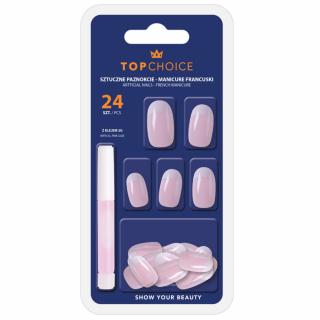 TOP CHOICE Tipsy, sztuczne paznokcie migdałki french 24 sztuki + klej do tipsów różowy 2g