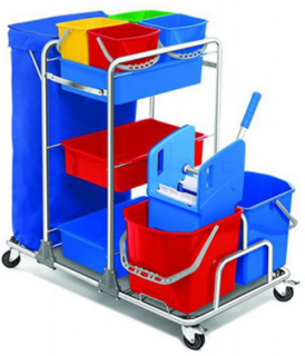 Wózek dwu wiaderkowy z półkami, uchwytem na worek, prasą do mopów 2x25l Wózek do sprzątania, Wózki do sprzątania