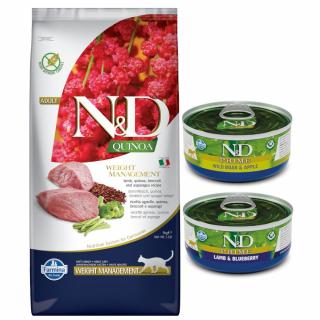 ND QUINOA Weight Management LAMB 5kg Adult CAT Farmina jagnięcina + puszka 1x prime lamb 70g + 1x wild boar 70g