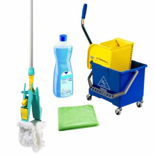 TTS zestaw do mycia podłóg - mop Light 3 otwory kompletny - bawełna - 40 cm, wózek z wyciskarką, płyn Sensative Cleaner Lemon, ściereczka z mikrofibry GRATIS! - Kij metalowy 2-częściowy
