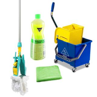 TTS zestaw do mycia podłogi - mop Light 3 otwory kompletny- bawełna- 40 cm, wózek z wyciskarką, płyn sensative lemon, ściereczka z mikrofibry GRATIS - Kij metalowy 2-częściowy