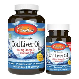 CARLSON LABS Cod Liver Oil Gems 460 mg Omega-3s (Olej z Wątroby Dzikiego Dorsza Norweskiego) 150+30 kapsułek żelowych