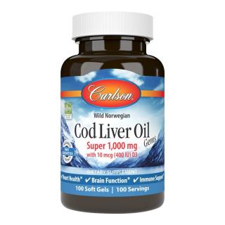 CARLSON LABS Cod Liver Oil Gems Super 1,000 mg (Olej z Wątroby Dzikiego Dorsza Norweskiego) 100 Kapsułek żelowych