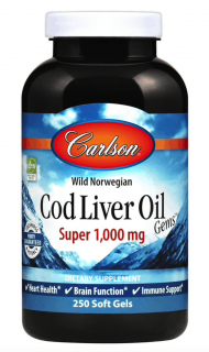 CARLSON LABS Cod Liver Oil Gems Super 1,000 mg (Olej z Wątroby Dzikiego Dorsza Norweskiego) 250 kapsułek żelowych