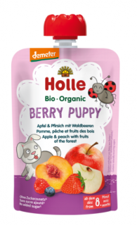 Holle mus jagodowy piesek (jabłko  brzoskwinia  owoce leśne) bez dodatku cukrów od 8 miesiąca demeter bio 100 g