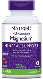 NATROL High Absorption Magnesium 250mg (Jabłczan Magnezu) 60 Tabletek do żucia Żurawina Jabłko