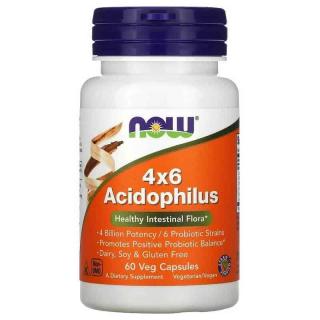 NOW FOODS Acidophilus 4x6 (Probiotyk, Zdrowa Flora Jelitowa) 60 Kapsułek wegetariańskich