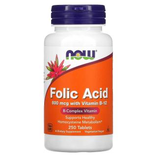 NOW FOODS Folic Acid with Vitamin B12 800mcg (Kwas Foliowy z Witaminą B12) 250 Tabletek wegetariańskich