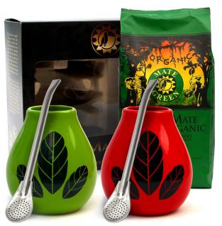 Organic mate green zestaw dla dwojga yerba mate bio 400 g, 2 x matero (losowy wzór), 2 x bombilla