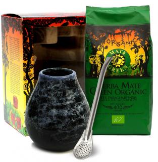 Organic mate green zestaw yerba mate bio 400 g, matero (losowy wzór), bombilla