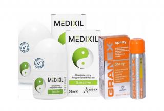 Zestaw 2x Medixil Sensitive Roll-On specjalistyczny antyperspirant 30ml + Granex Spray 50ml do skóry trądzikowej GRATIS