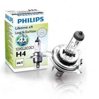 PHILIPS H4 LongLife EcoVision 12V 60/55W nr. kat.12342LLEOC1 4x DŁUŻEJ