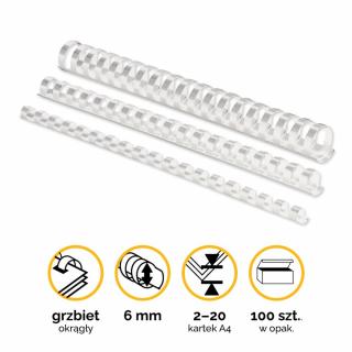 Grzbiety plastikowe okrągłe 6mm (2-20 kartek) białe
