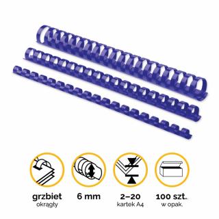 Grzbiety plastikowe okrągłe 6mm (2-20 kartek) niebieskie