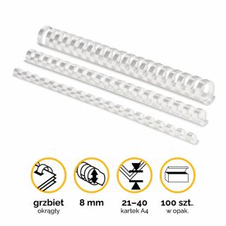 Grzbiety plastikowe okrągłe 8mm (21-40 kartek) białe