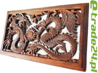Rzeźba Płaskorzeźba z Drewna SMOKI Yin Yang Orient 50x30cm