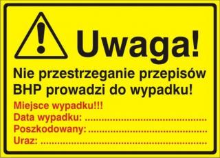 EG-tablice „Uwaga! Nie przestrzeganie przepisów BHP prowadzi do wypadku#8221; miejsce wypadku