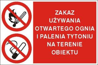 EG-tablice „Zakaz używania otwartego ognia i palenia tytoniu na terenie obiektu#8221;