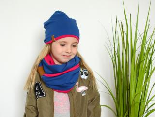 kobaltowo-malinowy komplet dla dziecka, wiosenna czapka smerfetka i dwustronny kominek