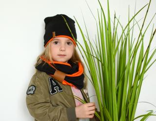 komplet bawełniany komin i czapka czarno-pomarańczowy chłopiec dziewczynka