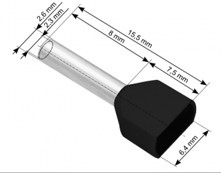 Tulejka izolowana kablowa 2x1,5 /8 (czarna)  (100 szt)