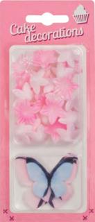 Blister - Motylki pastelowe i mini kwiatki waflowe różowe 5+25szt.