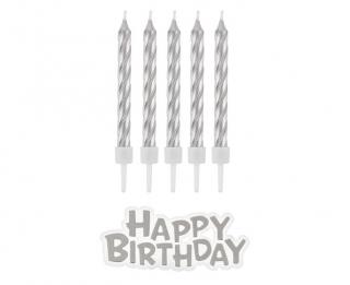 Świeczki urodzinowe świderki srebrne perłowe 16szt. + napis HAPPY BIRTHDAY