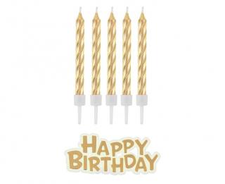 Świeczki urodzinowe świderki złote perłowe 16szt. + napis HAPPY BIRTHDAY