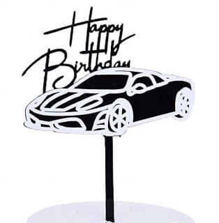 Topper akrylowy Happy Birthday SAMOCHÓD czarny