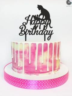 Topper czarny akrylowy HAPPY BIRTHDAY Z KOTKIEM