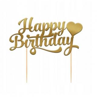 Topper papierowy złoty napis Happy Birthday z serduszkiem