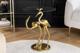 Okrągły stolik boczny WILDLIFE CRANE 55cm złoty szklany