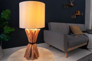 Ręcznie wykonana lampa stołowa EUPHORIA 56cm drewniana z lnianym abażurem