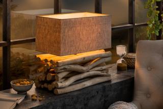 Ręcznie wykonana lampa stołowa EUPHORIA II naturalne drewno z lnianym abażurem