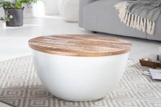 Stolik INDUSTRIAL STORAGE 60cm biały okrągły drewno mango ze schowkiem