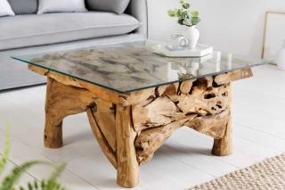 Stolik kawowy morski RIVERSIDE 80cm naturalny tekowy blat szklany