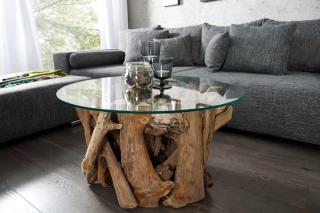 Stolik kawowy NATURE LOUNGE 60cm drewno tekowe z okrągłym szklanym blatem
