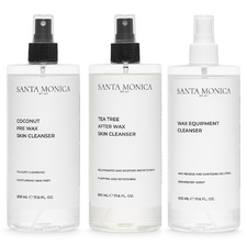 SANTA MONICA SUPERTRIO 1+1+1 COCONUT PRE WAX ŁAGODZĄCY I OCZYSZCZAJĄCY PŁYN PRZED DEPILACJĄ WOSKIEM + TEA TREE AFTER WAX SKIN CLEANSER REGENERUJĄCY I
