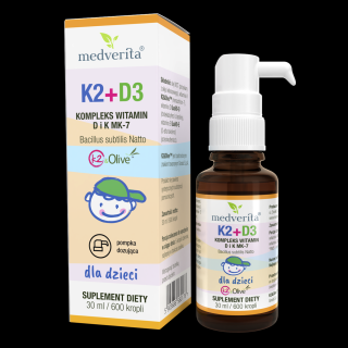 Medverita K2+D3 dla dzieci - witamina K MK-7 K2Olive™ 20 µg + D 400 IU - 30ml / 600 kropli