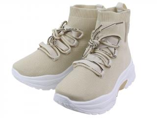 SNEAKERSY DAMSKIE WYSOKIE BEŻOWE TRAMPKI Z ELASTYCZNĄ CHOLEWKĄ BOTKI