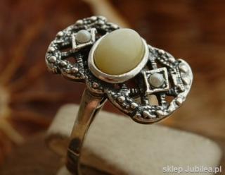 BAROCCO - srebrny pierścionek z bursztynem i perłami