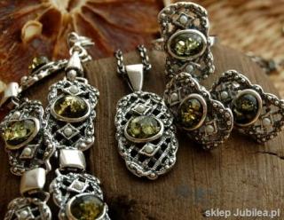 LORENA - srebrny komplet z bursztyny i perły