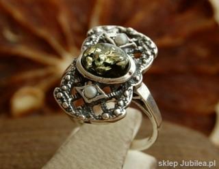 LORENA - srebrny pierścionek z bursztynem i perłam