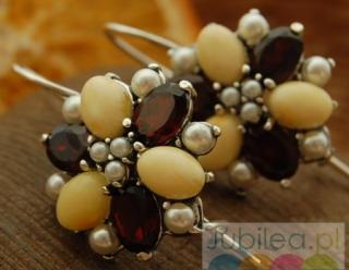 MARIANO - srebrne kolczyki perły, granaty i bursztyny