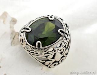 srebrny pierścień sygnet z oliwinem - LEON