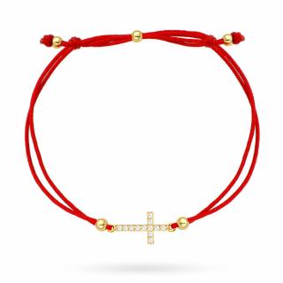 Bransoletka złoty krzyżyk z cyrkoniami na czerwonym sznurku (Gramatura: 0.76)